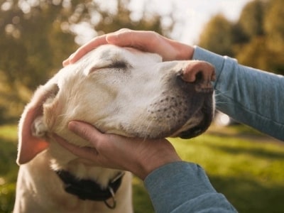Human touching a dog